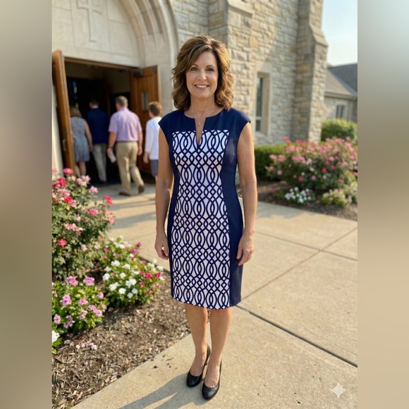 dressbarn Dresses & Skirts - Dress Barn Navy and White Patterned Midi Dress